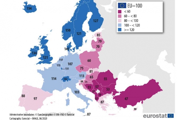 A 100-as EU átlaghoz viszonyítva Magyarország 65 ponton állt 2019-ben. A nagyobb felbontásért kattintson!