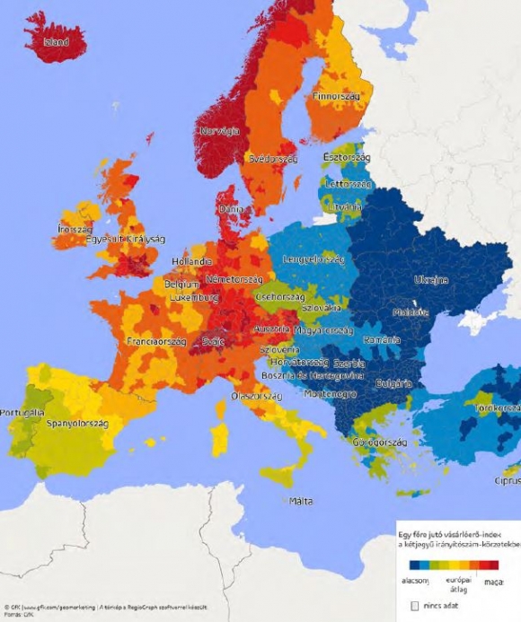 Egy főre jutó vásárlóerő-index: sötétkék - legalacsonyabb, vörös - legmagasabb